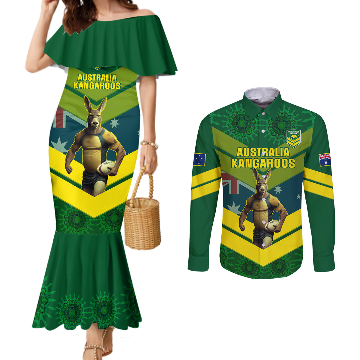 custom-australia-rugby-couples-matching-mermaid-dress-and-long-sleeve-button-shirts-pacific-2023-go-aussie-kangaroos
