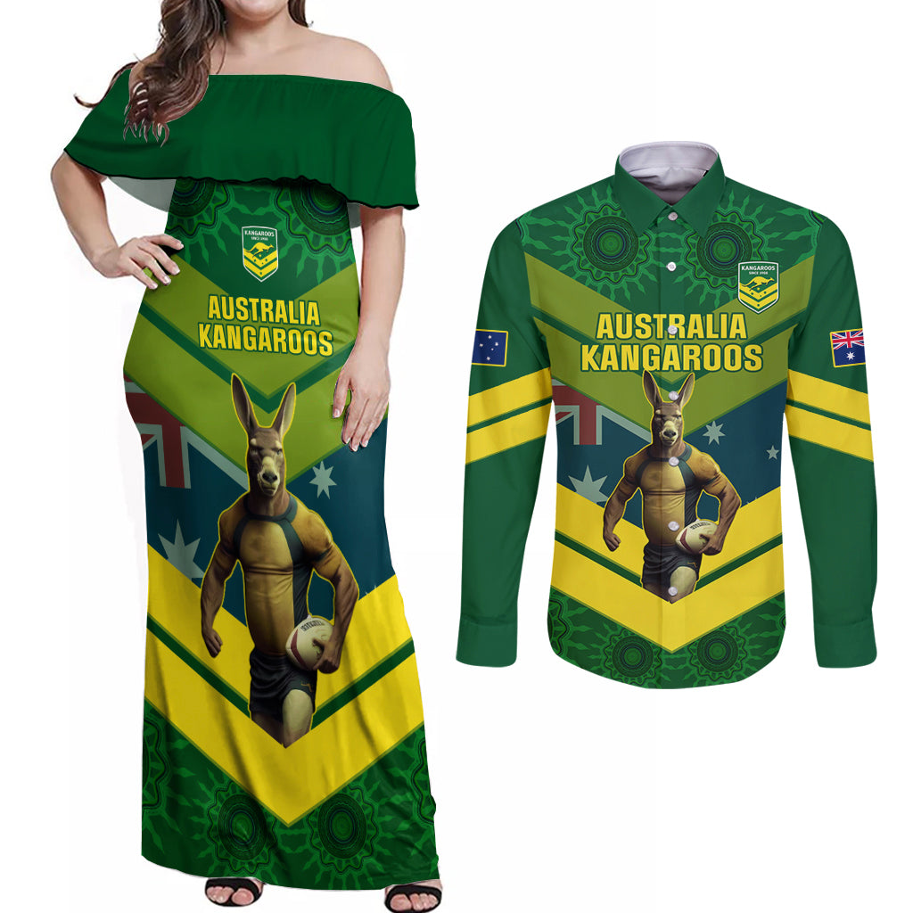 custom-australia-rugby-couples-matching-off-shoulder-maxi-dress-and-long-sleeve-button-shirts-pacific-2023-go-aussie-kangaroos