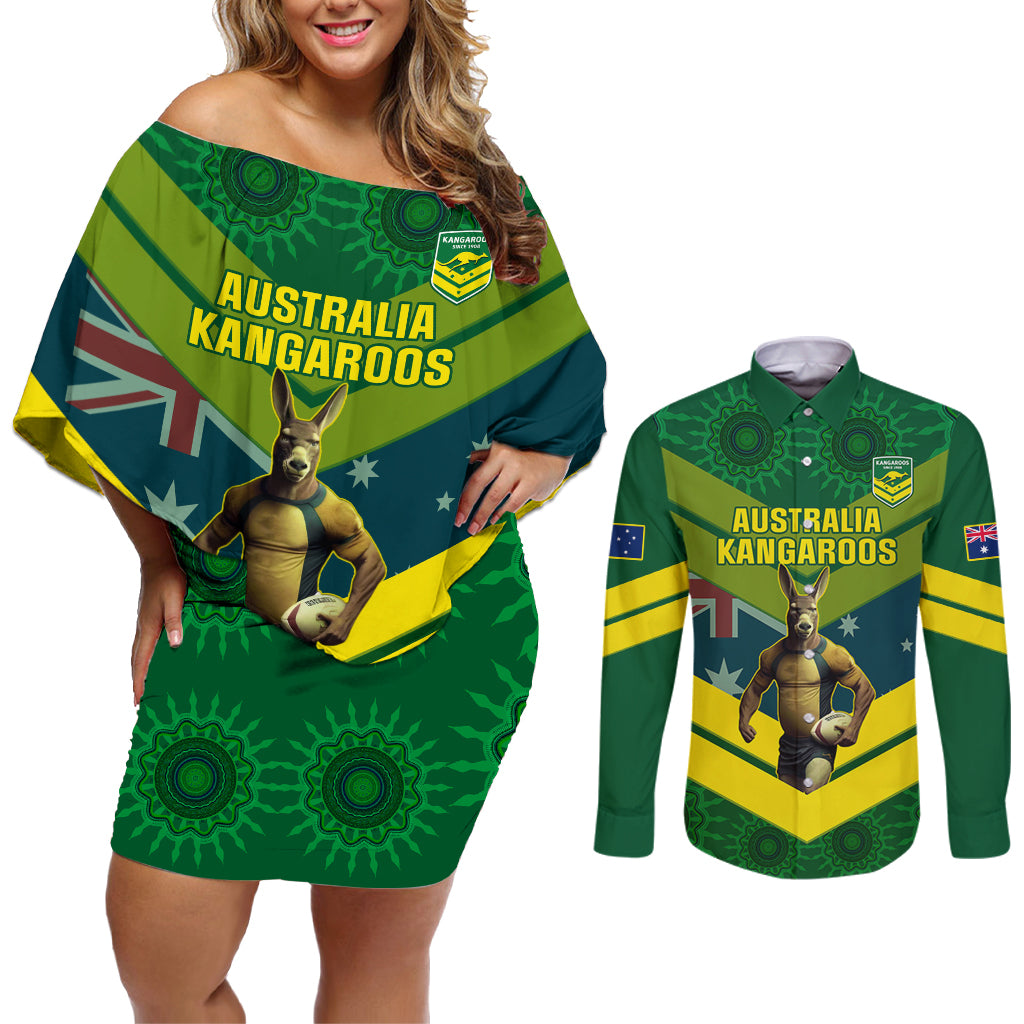 custom-australia-rugby-couples-matching-off-shoulder-short-dress-and-long-sleeve-button-shirts-pacific-2023-go-aussie-kangaroos