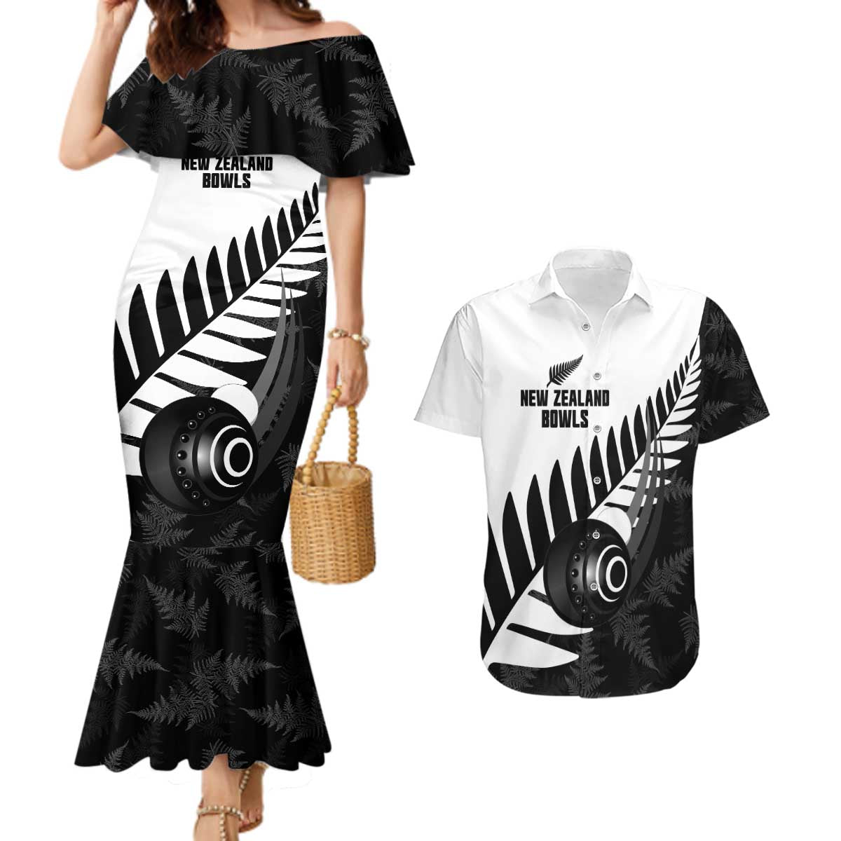 New Zealand Lawn Bowls Custom Couples Matching Mermaid Dress and Hawaiian Shirt Aotearoa Silver Fern - Aussie Hoodie