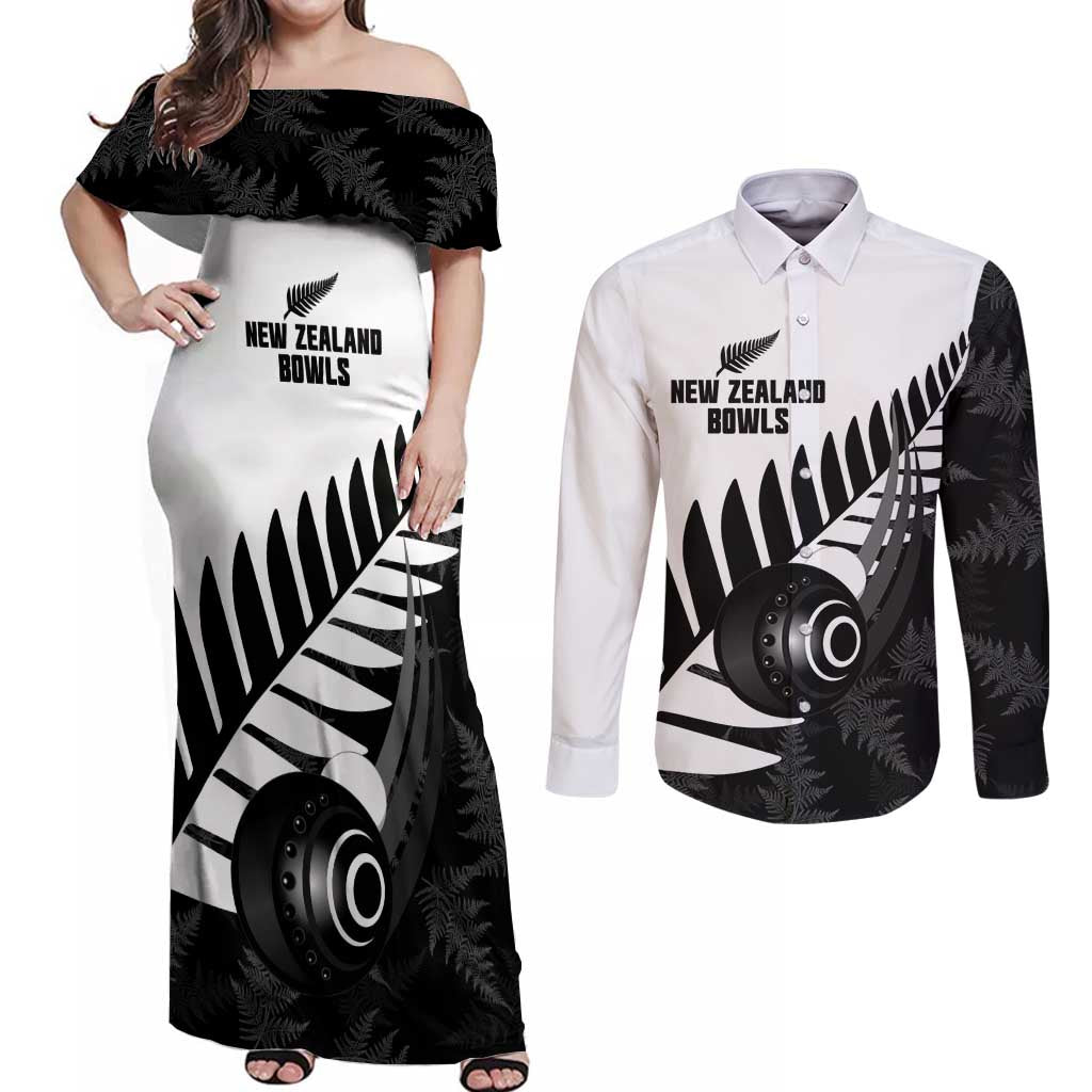 New Zealand Lawn Bowls Custom Couples Matching Off Shoulder Maxi Dress and Long Sleeve Button Shirt Aotearoa Silver Fern - Aussie Hoodie