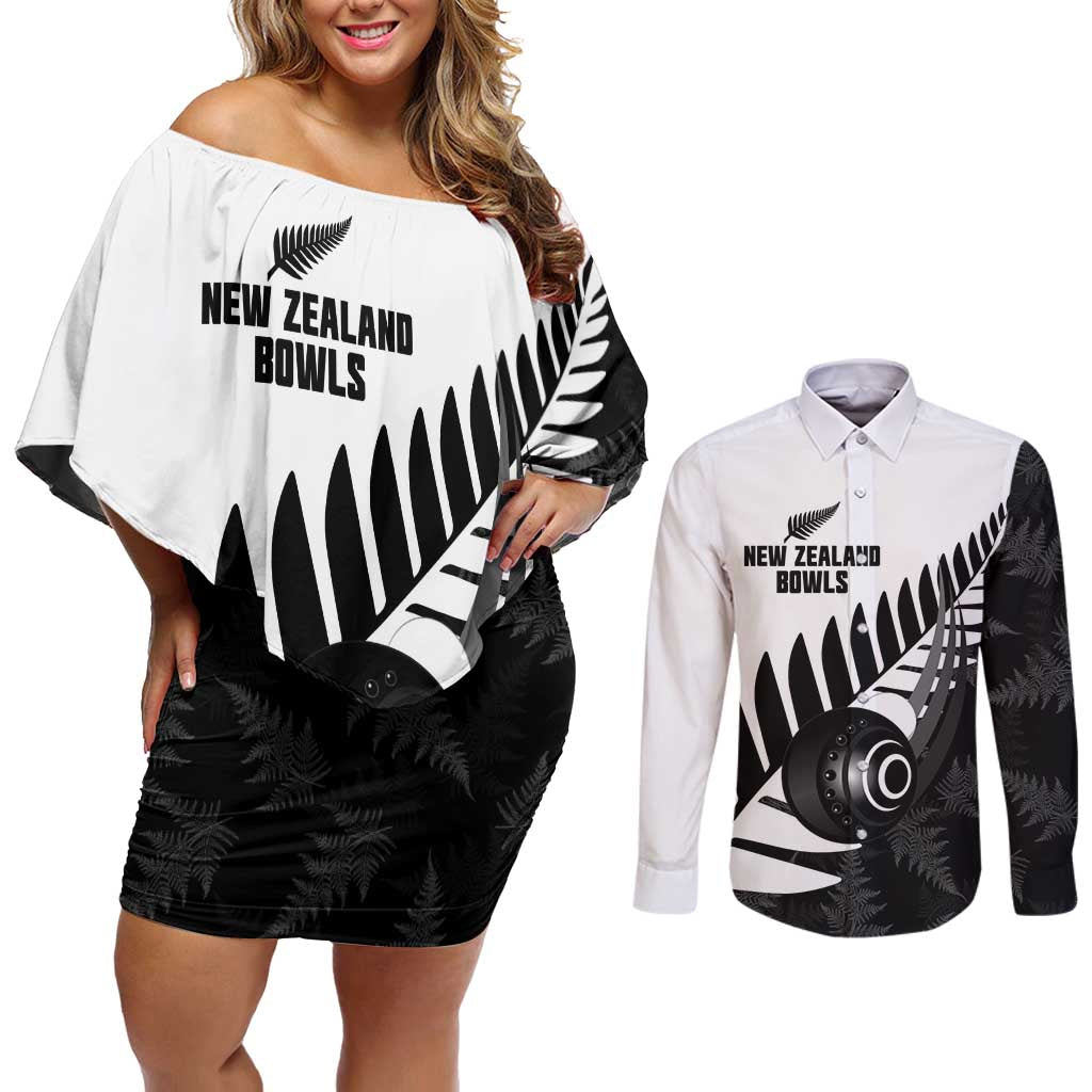 New Zealand Lawn Bowls Custom Couples Matching Off Shoulder Short Dress and Long Sleeve Button Shirt Aotearoa Silver Fern - Aussie Hoodie