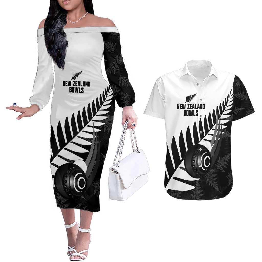 New Zealand Lawn Bowls Custom Couples Matching Off The Shoulder Long Sleeve Dress and Hawaiian Shirt Aotearoa Silver Fern - Aussie Hoodie
