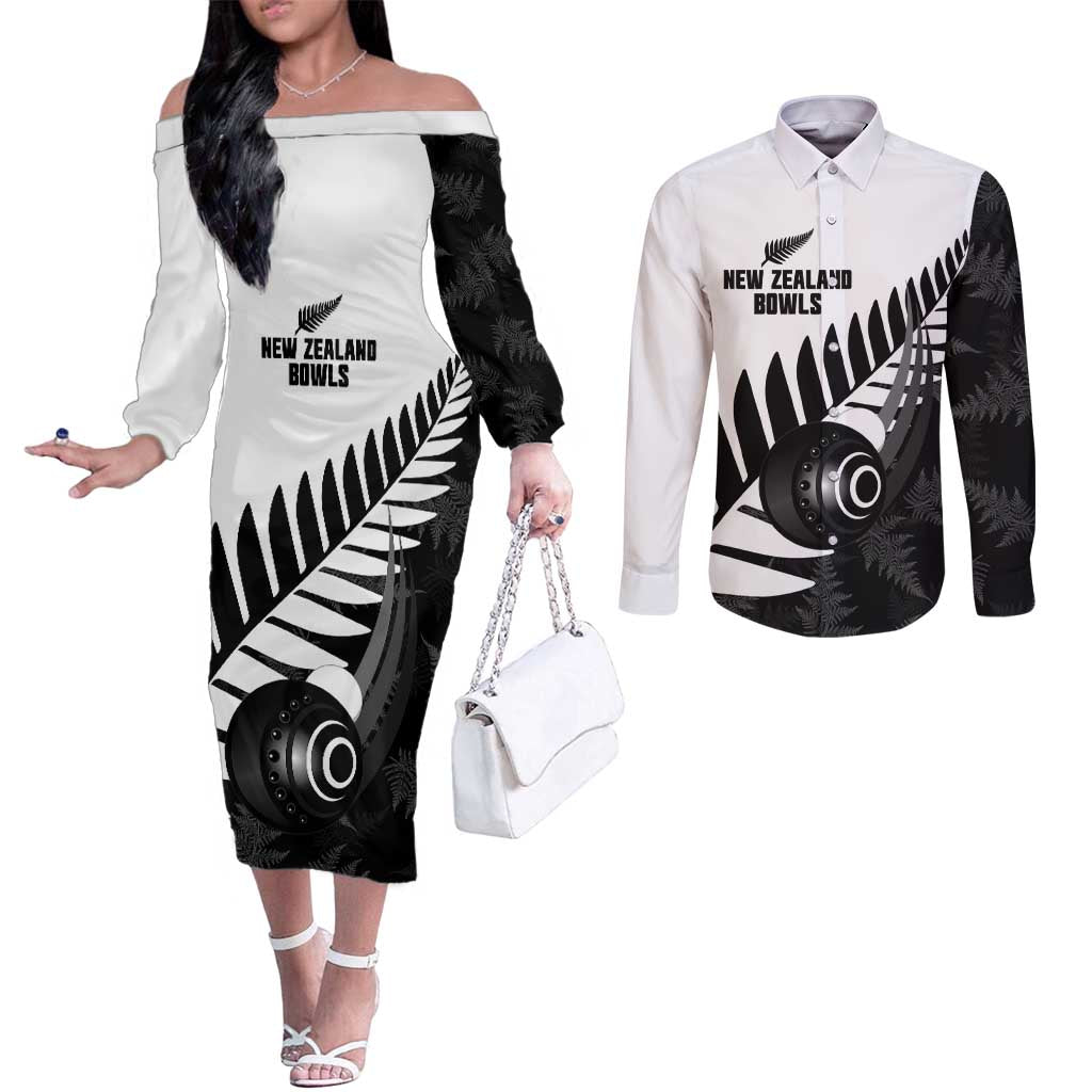 New Zealand Lawn Bowls Custom Couples Matching Off The Shoulder Long Sleeve Dress and Long Sleeve Button Shirt Aotearoa Silver Fern - Aussie Hoodie