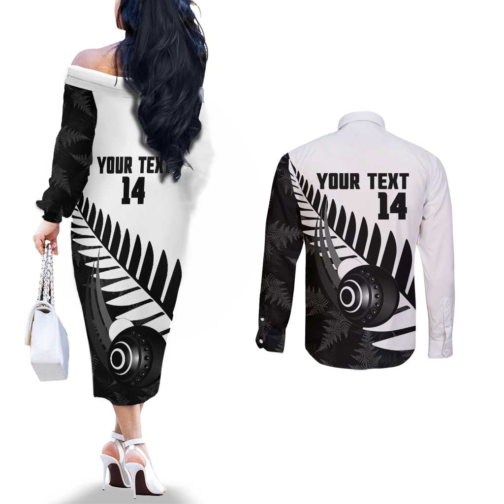New Zealand Lawn Bowls Custom Couples Matching Off The Shoulder Long Sleeve Dress and Long Sleeve Button Shirt Aotearoa Silver Fern - Aussie Hoodie