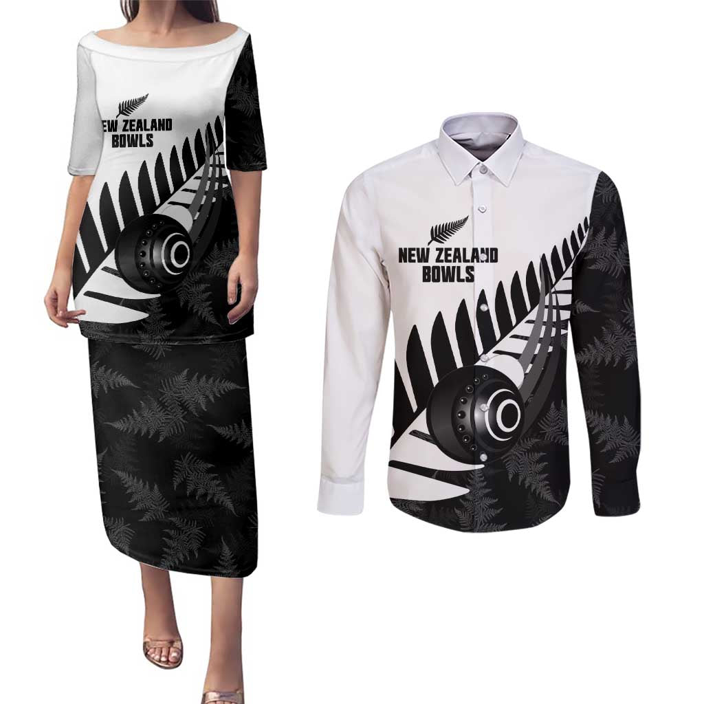 New Zealand Lawn Bowls Custom Couples Matching Puletasi and Long Sleeve Button Shirt Aotearoa Silver Fern - Aussie Hoodie