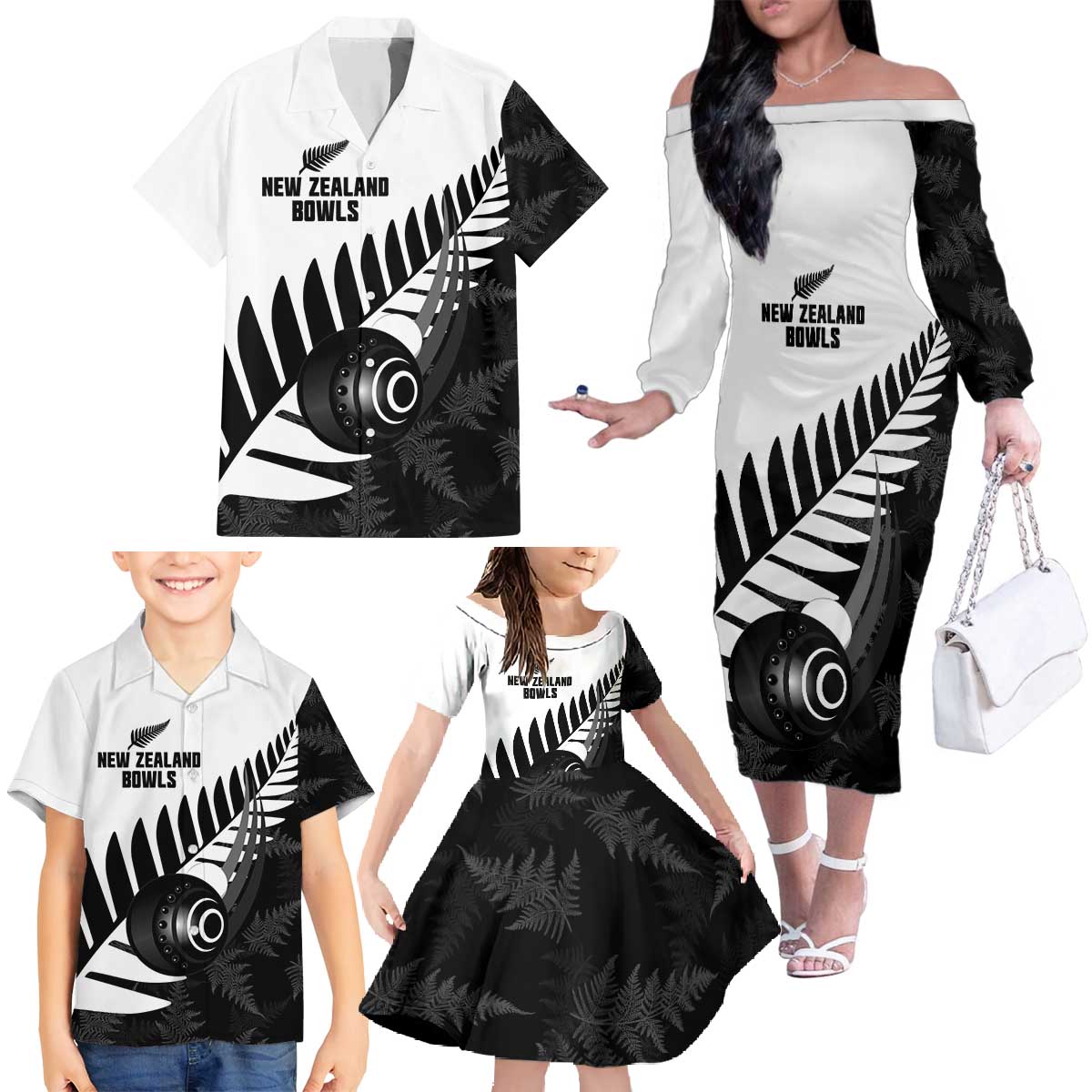 New Zealand Lawn Bowls Custom Family Matching Off The Shoulder Long Sleeve Dress and Hawaiian Shirt Aotearoa Silver Fern - Aussie Hoodie