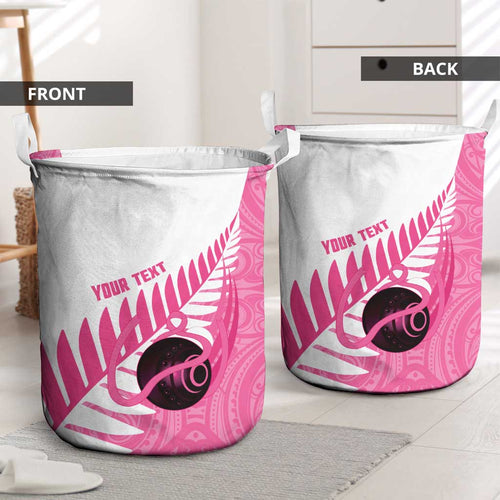 New Zealand Lawn Bowls Breast Cancer Custom Laundry Basket Aotearoa Maori Silver Fern Pink Ribbon - Aussie Hoodie