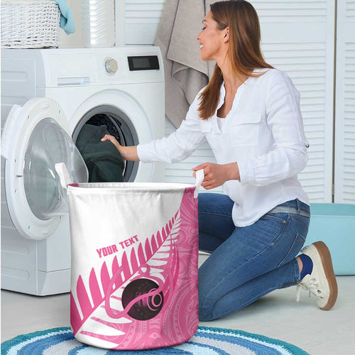 New Zealand Lawn Bowls Breast Cancer Custom Laundry Basket Aotearoa Maori Silver Fern Pink Ribbon - Aussie Hoodie