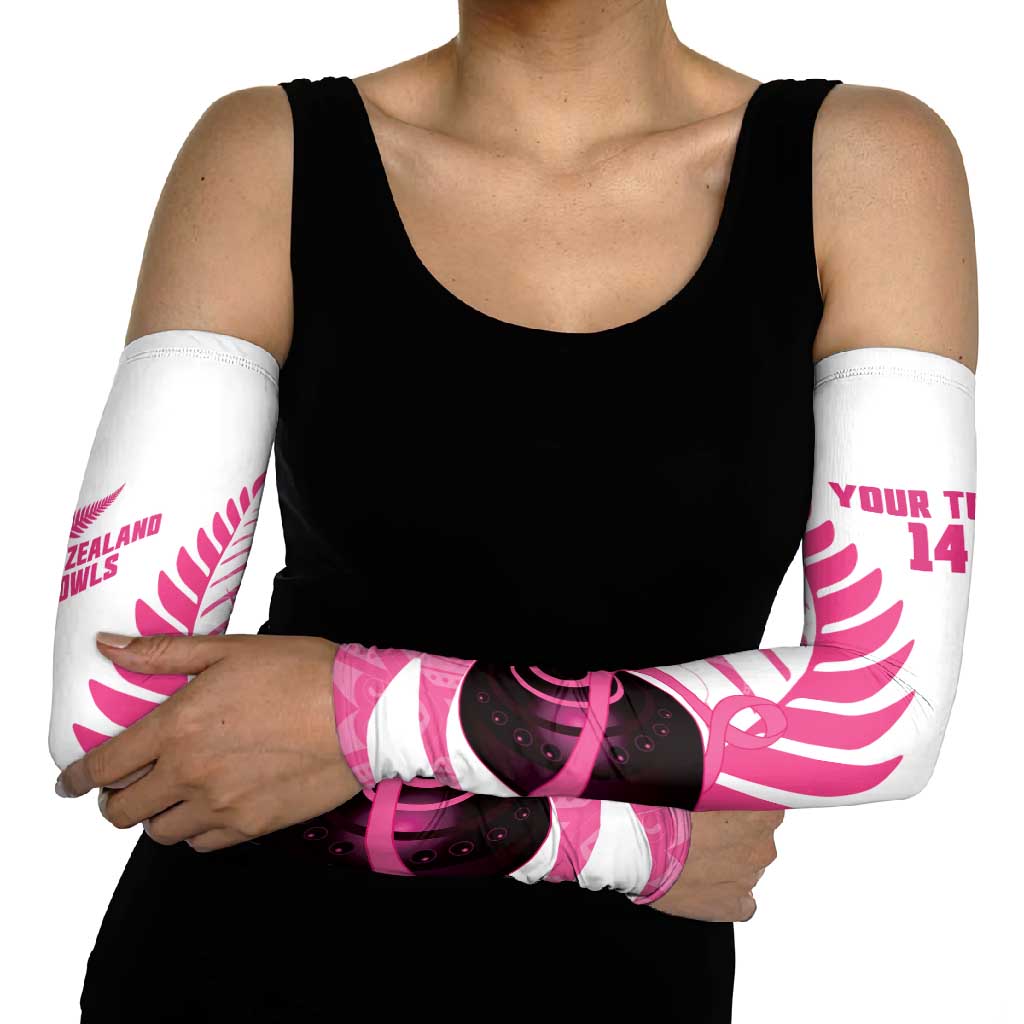 New Zealand Lawn Bowls Breast Cancer Custom Arm Sleeves Aotearoa Maori Silver Fern Pink Ribbon - Aussie Hoodie