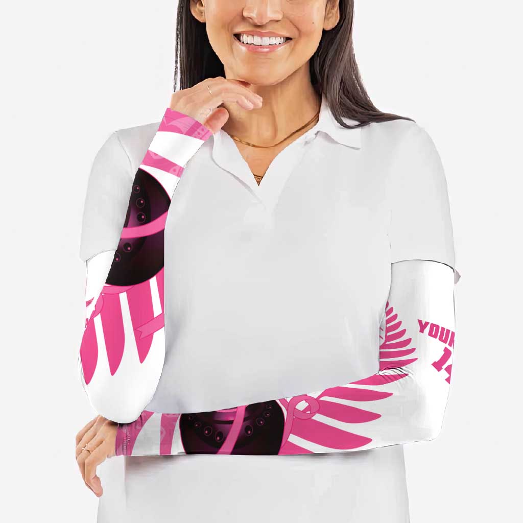 New Zealand Lawn Bowls Breast Cancer Custom Arm Sleeves Aotearoa Maori Silver Fern Pink Ribbon - Aussie Hoodie