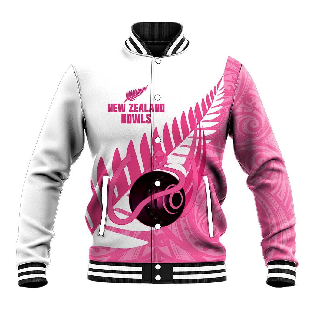 New Zealand Lawn Bowls Breast Cancer Custom Baseball Jacket Aotearoa Maori Silver Fern Pink Ribbon - Aussie Hoodie