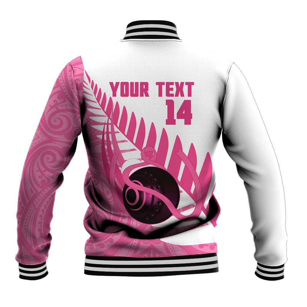 New Zealand Lawn Bowls Breast Cancer Custom Baseball Jacket Aotearoa Maori Silver Fern Pink Ribbon - Aussie Hoodie