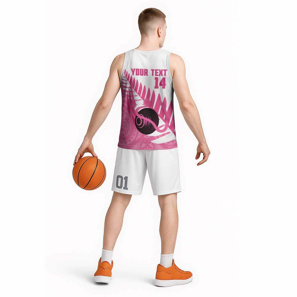 New Zealand Lawn Bowls Breast Cancer Custom Basketball Jersey Aotearoa Maori Silver Fern Pink Ribbon - Aussie Hoodie