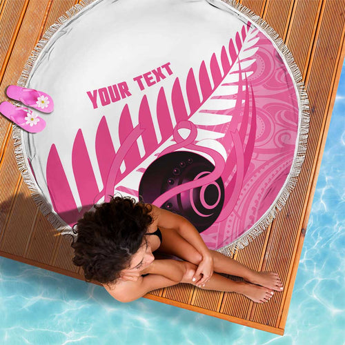 New Zealand Lawn Bowls Breast Cancer Custom Beach Blanket Aotearoa Maori Silver Fern Pink Ribbon - Aussie Hoodie