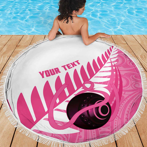 New Zealand Lawn Bowls Breast Cancer Custom Beach Blanket Aotearoa Maori Silver Fern Pink Ribbon - Aussie Hoodie