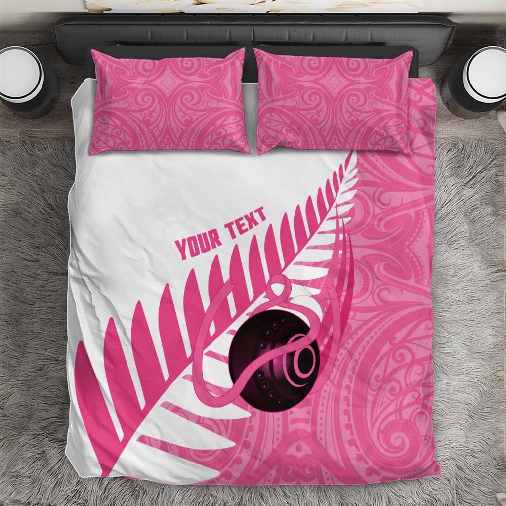 New Zealand Lawn Bowls Breast Cancer Custom Bedding Set Aotearoa Maori Silver Fern Pink Ribbon - Aussie Hoodie