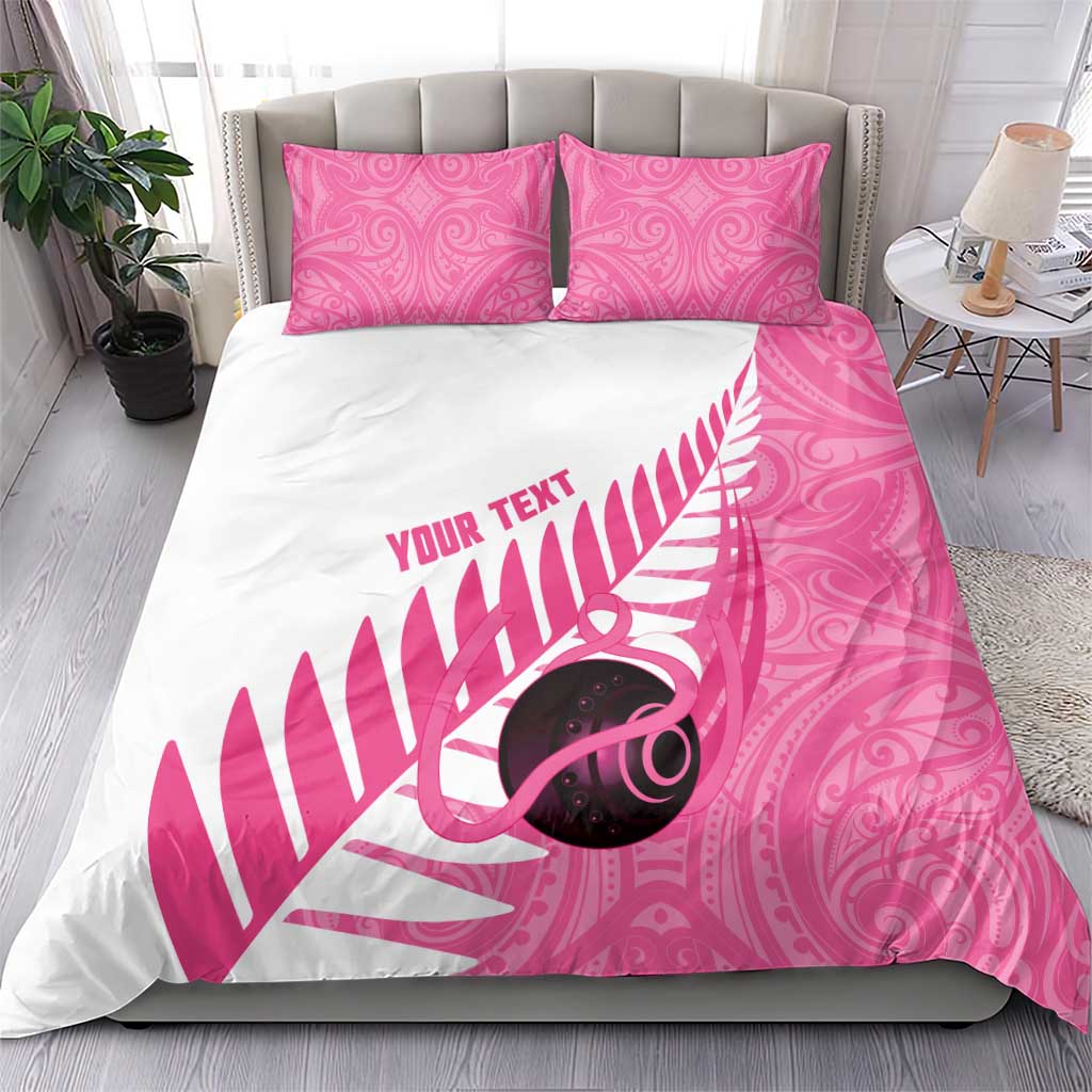 New Zealand Lawn Bowls Breast Cancer Custom Bedding Set Aotearoa Maori Silver Fern Pink Ribbon - Aussie Hoodie