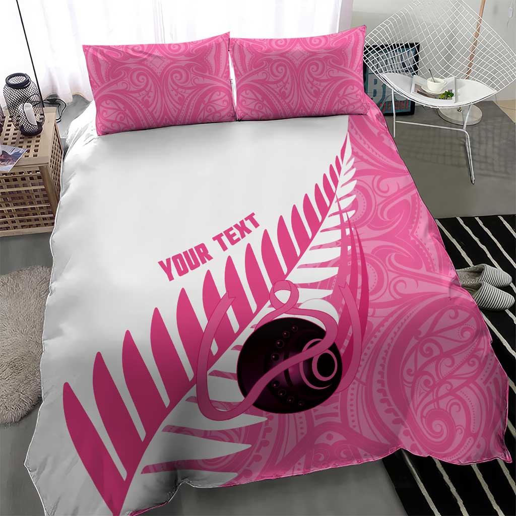 New Zealand Lawn Bowls Breast Cancer Custom Bedding Set Aotearoa Maori Silver Fern Pink Ribbon - Aussie Hoodie