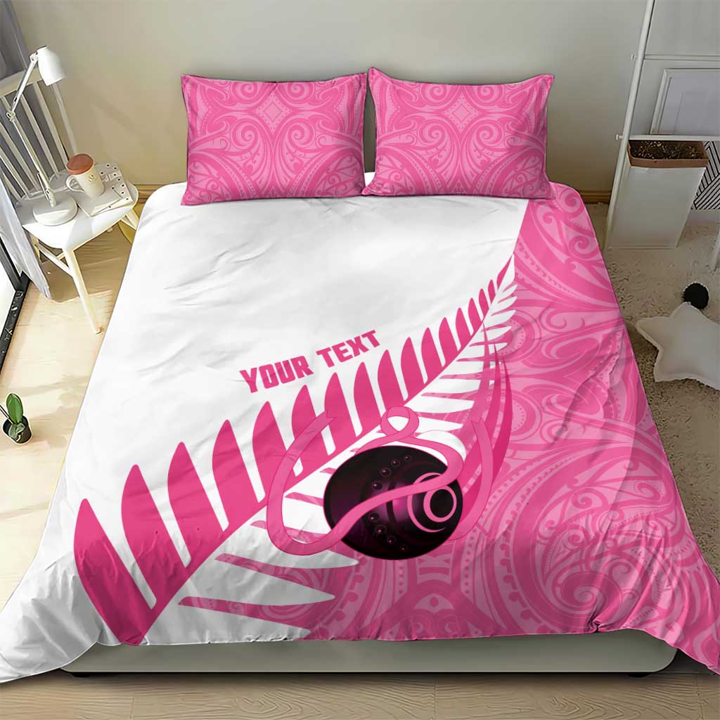 New Zealand Lawn Bowls Breast Cancer Custom Bedding Set Aotearoa Maori Silver Fern Pink Ribbon - Aussie Hoodie