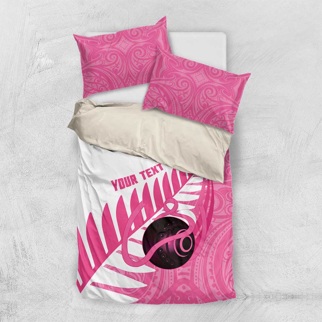 New Zealand Lawn Bowls Breast Cancer Custom Bedding Set Aotearoa Maori Silver Fern Pink Ribbon - Aussie Hoodie