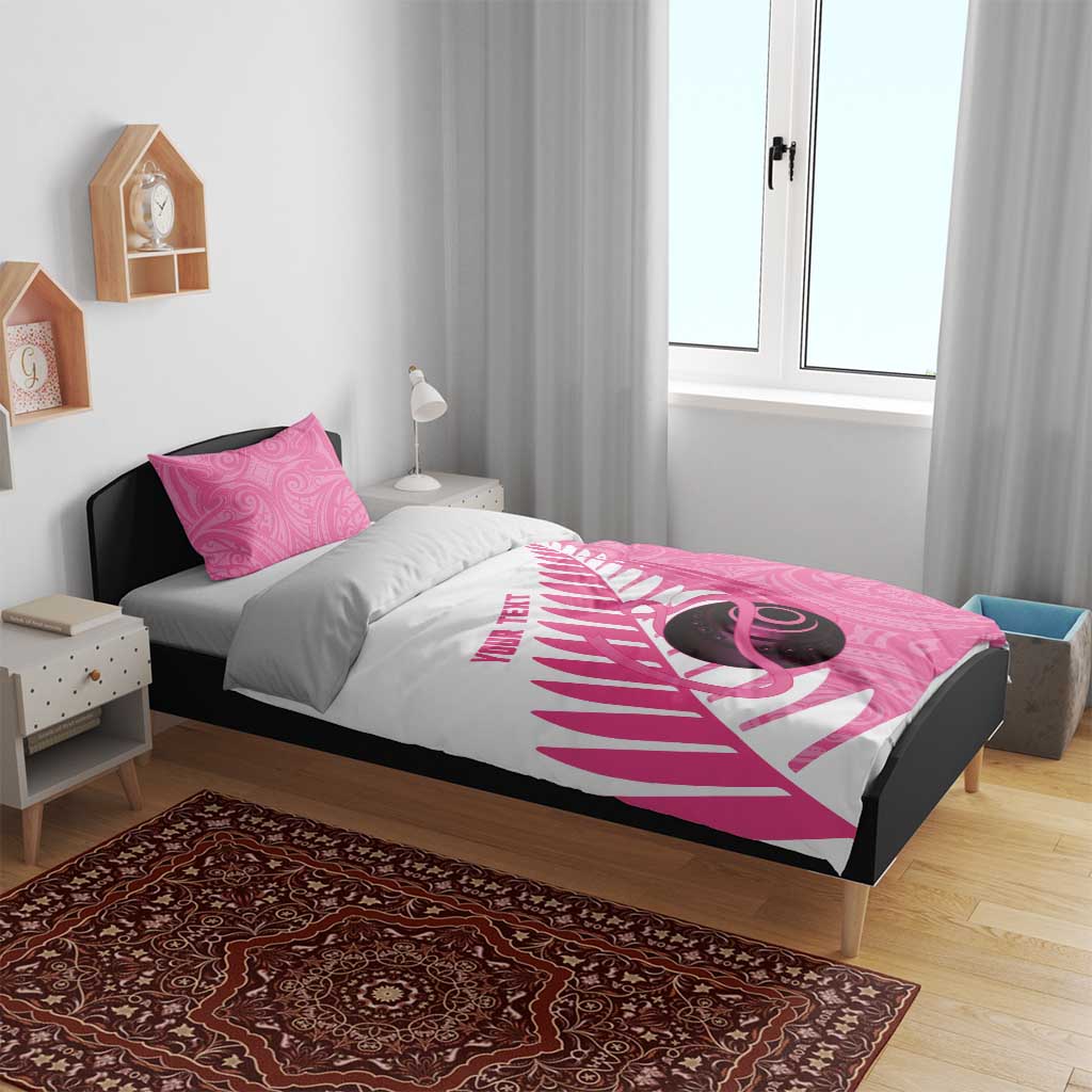 New Zealand Lawn Bowls Breast Cancer Custom Bedding Set Aotearoa Maori Silver Fern Pink Ribbon - Aussie Hoodie