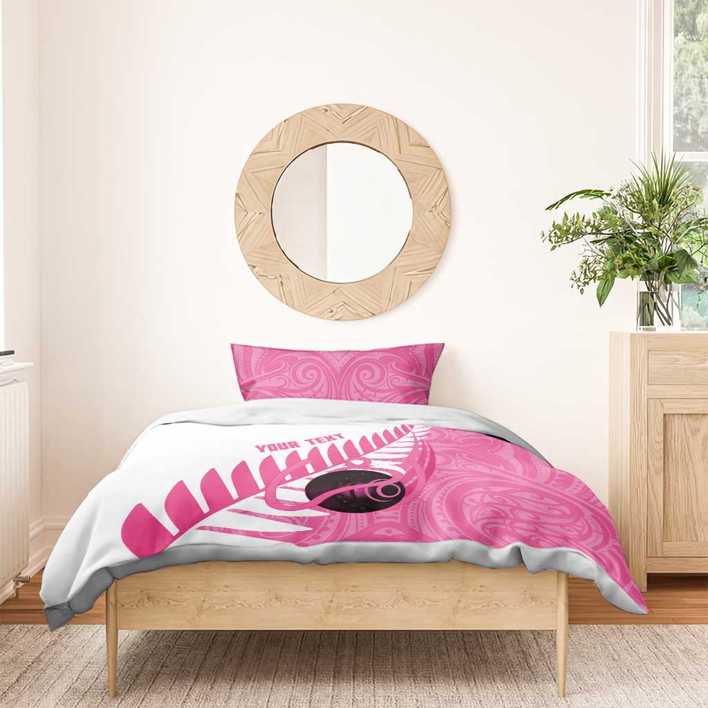 New Zealand Lawn Bowls Breast Cancer Custom Bedding Set Aotearoa Maori Silver Fern Pink Ribbon - Aussie Hoodie