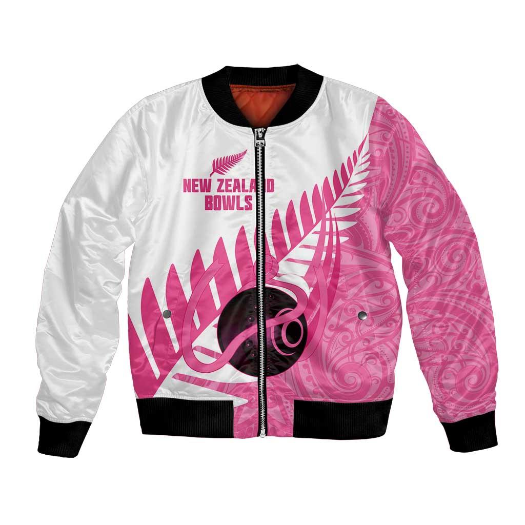 New Zealand Lawn Bowls Breast Cancer Custom Bomber Jacket Aotearoa Maori Silver Fern Pink Ribbon - Aussie Hoodie