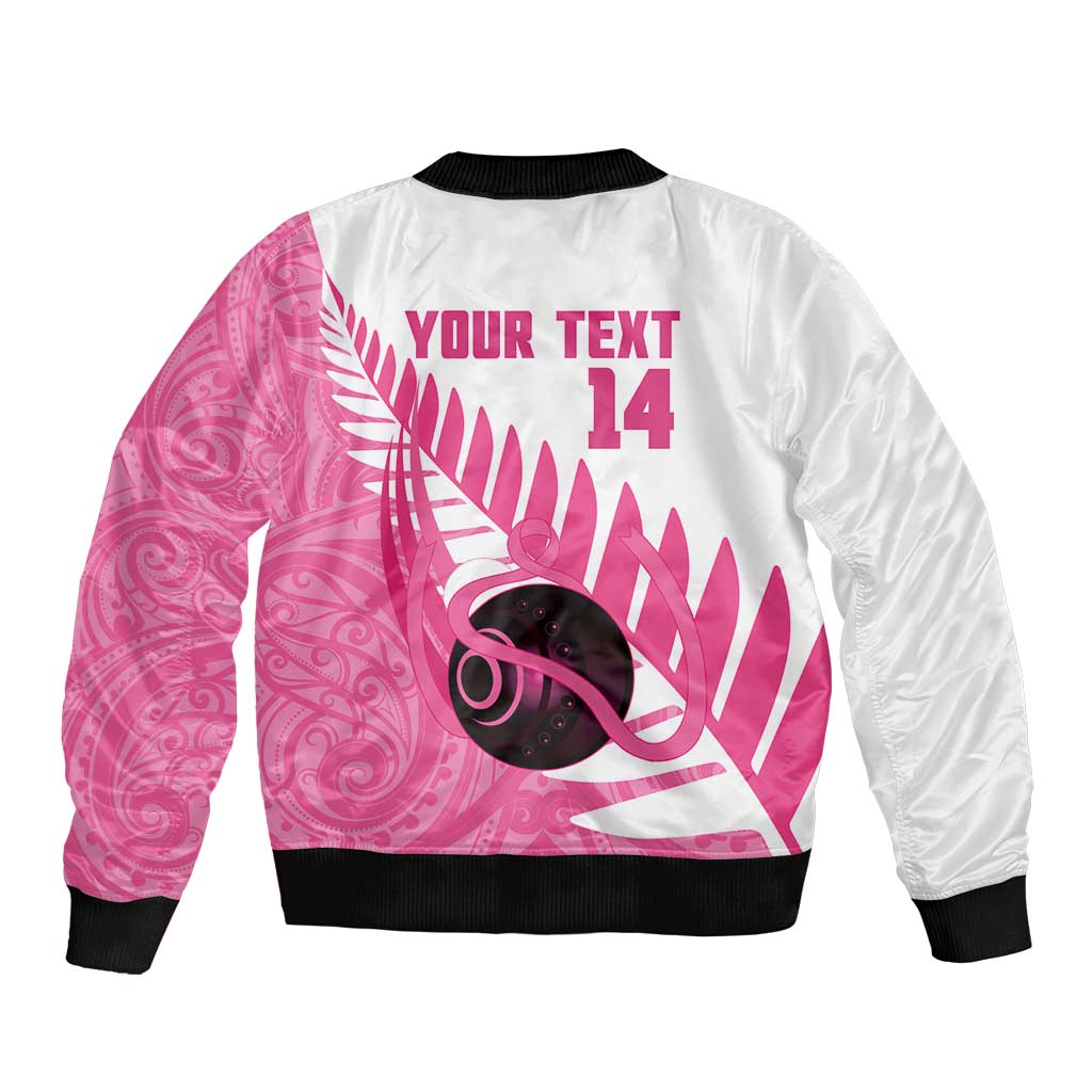 New Zealand Lawn Bowls Breast Cancer Custom Bomber Jacket Aotearoa Maori Silver Fern Pink Ribbon - Aussie Hoodie