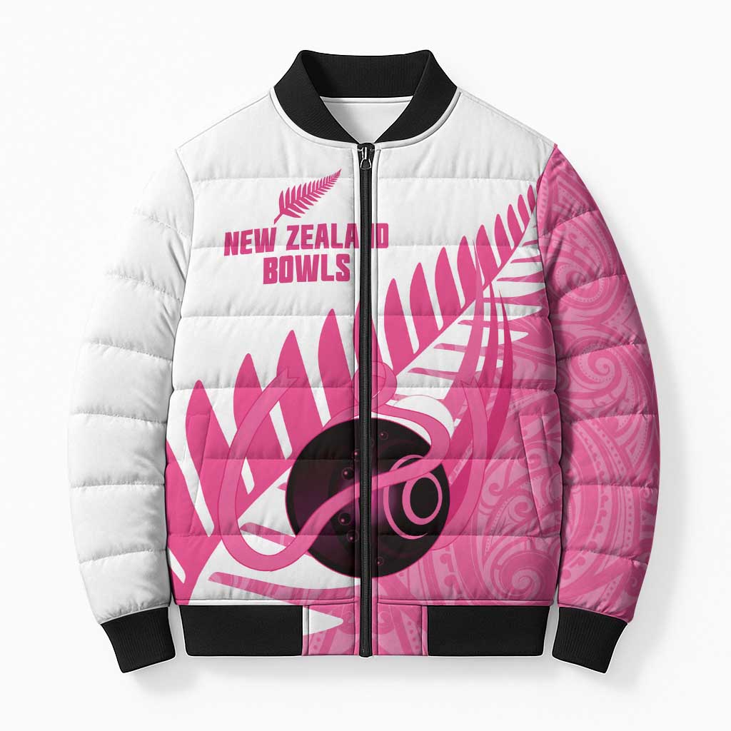 New Zealand Lawn Bowls Breast Cancer Custom Bomber Puffer Jacket Aotearoa Maori Silver Fern Pink Ribbon - Aussie Hoodie