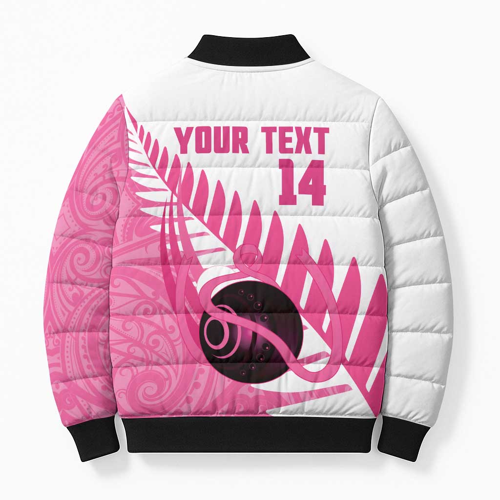 New Zealand Lawn Bowls Breast Cancer Custom Bomber Puffer Jacket Aotearoa Maori Silver Fern Pink Ribbon - Aussie Hoodie