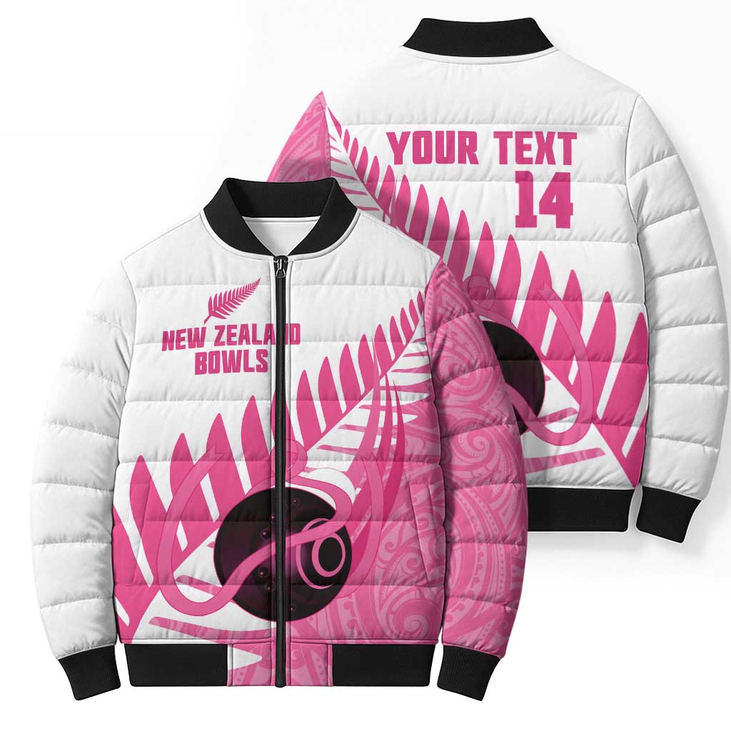 New Zealand Lawn Bowls Breast Cancer Custom Bomber Puffer Jacket Aotearoa Maori Silver Fern Pink Ribbon - Aussie Hoodie