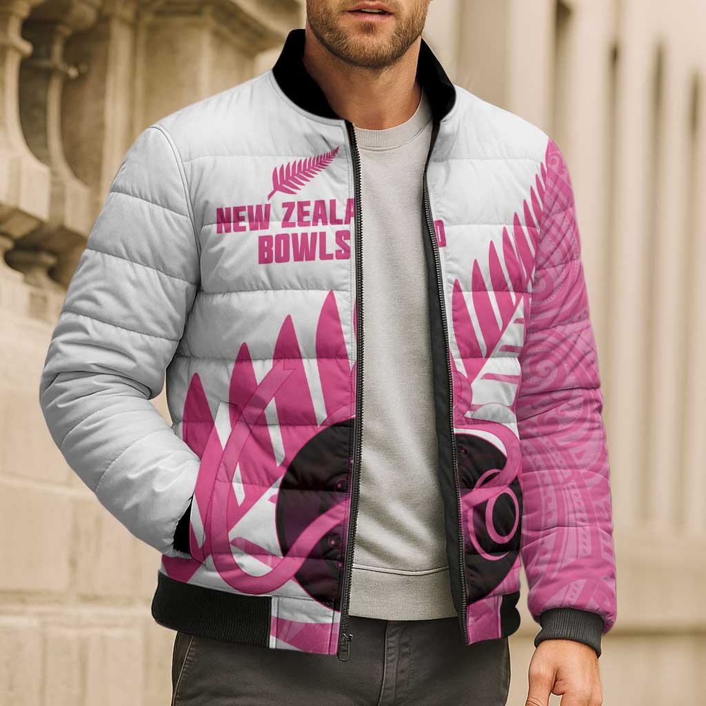 New Zealand Lawn Bowls Breast Cancer Custom Bomber Puffer Jacket Aotearoa Maori Silver Fern Pink Ribbon - Aussie Hoodie