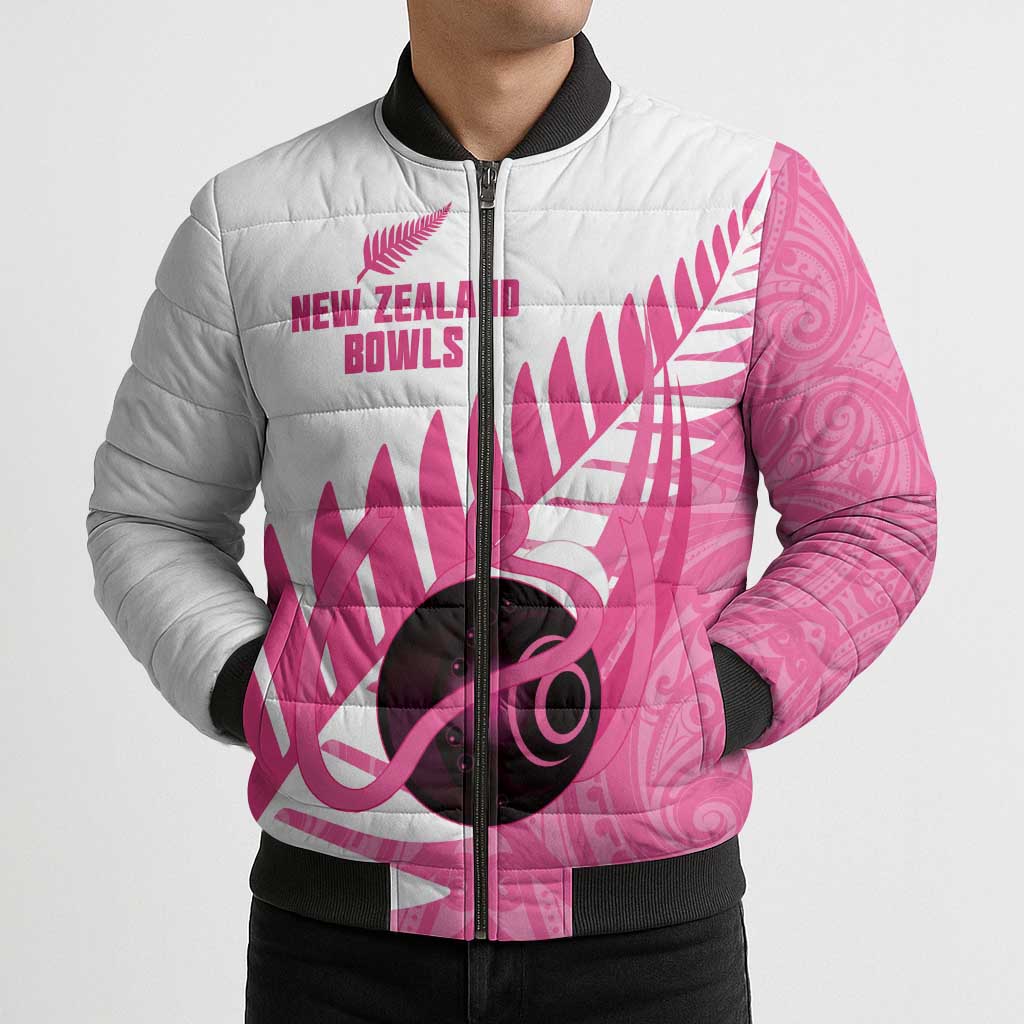New Zealand Lawn Bowls Breast Cancer Custom Bomber Puffer Jacket Aotearoa Maori Silver Fern Pink Ribbon - Aussie Hoodie