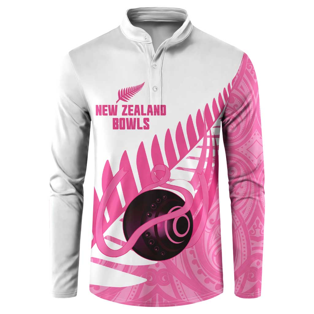 New Zealand Lawn Bowls Breast Cancer Custom Button Sweatshirt Aotearoa Maori Silver Fern Pink Ribbon - Aussie Hoodie