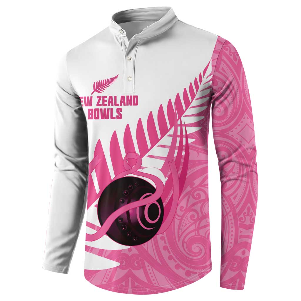 New Zealand Lawn Bowls Breast Cancer Custom Button Sweatshirt Aotearoa Maori Silver Fern Pink Ribbon - Aussie Hoodie