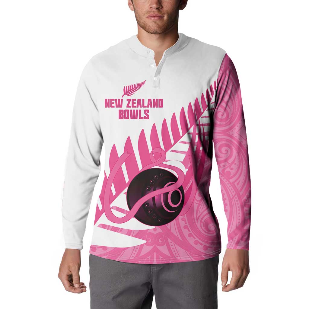 New Zealand Lawn Bowls Breast Cancer Custom Button Sweatshirt Aotearoa Maori Silver Fern Pink Ribbon - Aussie Hoodie