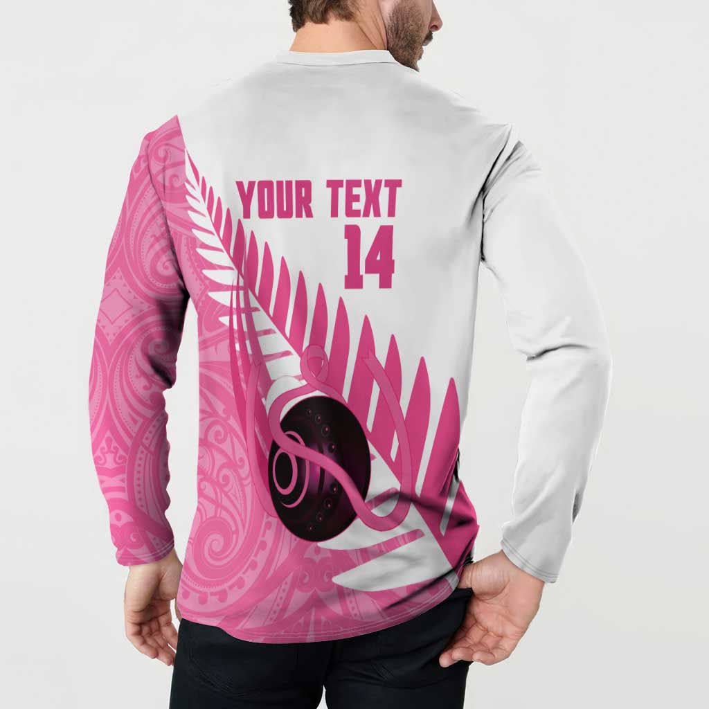 New Zealand Lawn Bowls Breast Cancer Custom Button Sweatshirt Aotearoa Maori Silver Fern Pink Ribbon - Aussie Hoodie