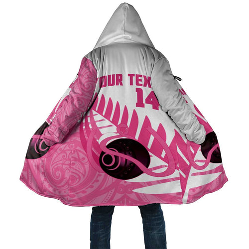 New Zealand Lawn Bowls Breast Cancer Custom Cloak Aotearoa Maori Silver Fern Pink Ribbon - Aussie Hoodie