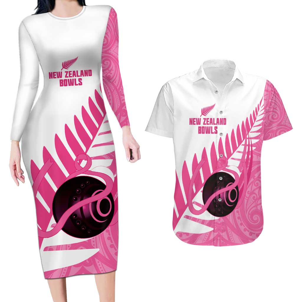 New Zealand Lawn Bowls Breast Cancer Custom Couples Matching Long Sleeve Bodycon Dress and Hawaiian Shirt Aotearoa Maori Silver Fern Pink Ribbon - Aussie Hoodie