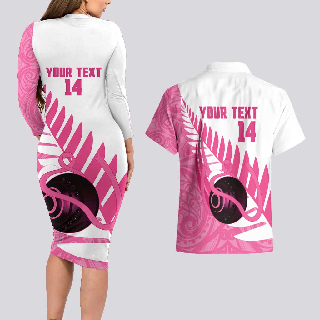 New Zealand Lawn Bowls Breast Cancer Custom Couples Matching Long Sleeve Bodycon Dress and Hawaiian Shirt Aotearoa Maori Silver Fern Pink Ribbon - Aussie Hoodie