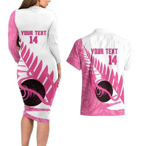 New Zealand Lawn Bowls Breast Cancer Custom Couples Matching Long Sleeve Bodycon Dress and Hawaiian Shirt Aotearoa Maori Silver Fern Pink Ribbon - Aussie Hoodie