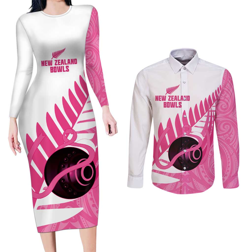 New Zealand Lawn Bowls Breast Cancer Custom Couples Matching Long Sleeve Bodycon Dress and Long Sleeve Button Shirt Aotearoa Maori Silver Fern Pink Ribbon - Aussie Hoodie
