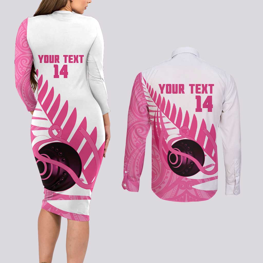 New Zealand Lawn Bowls Breast Cancer Custom Couples Matching Long Sleeve Bodycon Dress and Long Sleeve Button Shirt Aotearoa Maori Silver Fern Pink Ribbon - Aussie Hoodie