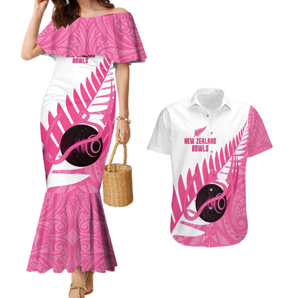 New Zealand Lawn Bowls Breast Cancer Custom Couples Matching Mermaid Dress and Hawaiian Shirt Aotearoa Maori Silver Fern Pink Ribbon - Aussie Hoodie