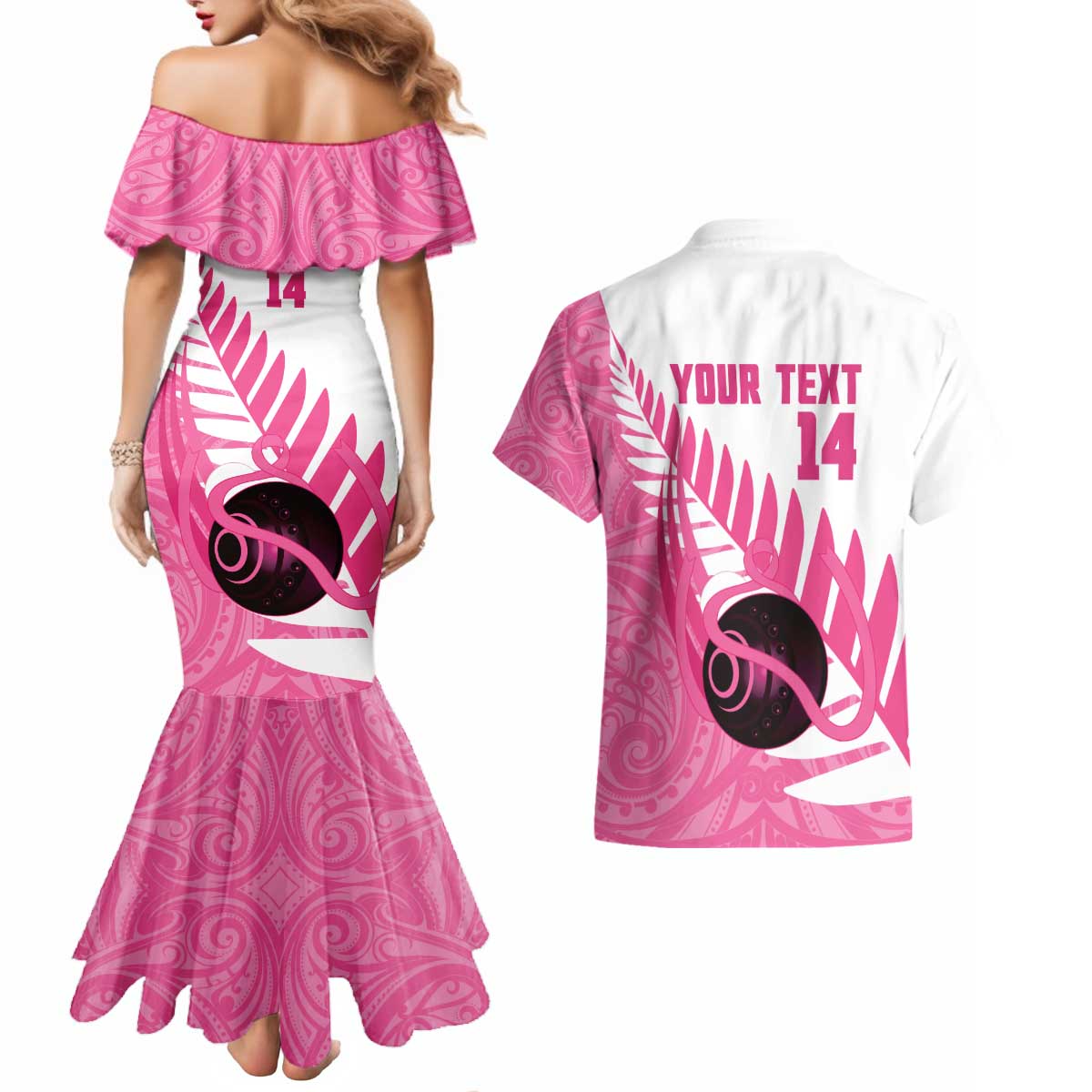 New Zealand Lawn Bowls Breast Cancer Custom Couples Matching Mermaid Dress and Hawaiian Shirt Aotearoa Maori Silver Fern Pink Ribbon - Aussie Hoodie
