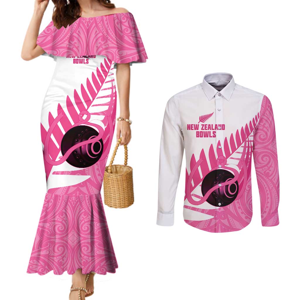 New Zealand Lawn Bowls Breast Cancer Custom Couples Matching Mermaid Dress and Long Sleeve Button Shirt Aotearoa Maori Silver Fern Pink Ribbon - Aussie Hoodie