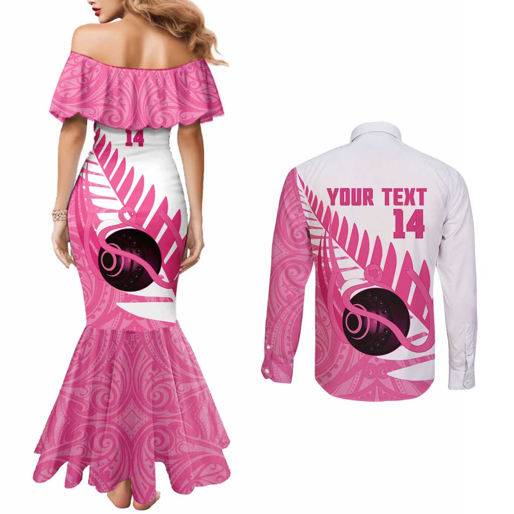 New Zealand Lawn Bowls Breast Cancer Custom Couples Matching Mermaid Dress and Long Sleeve Button Shirt Aotearoa Maori Silver Fern Pink Ribbon - Aussie Hoodie