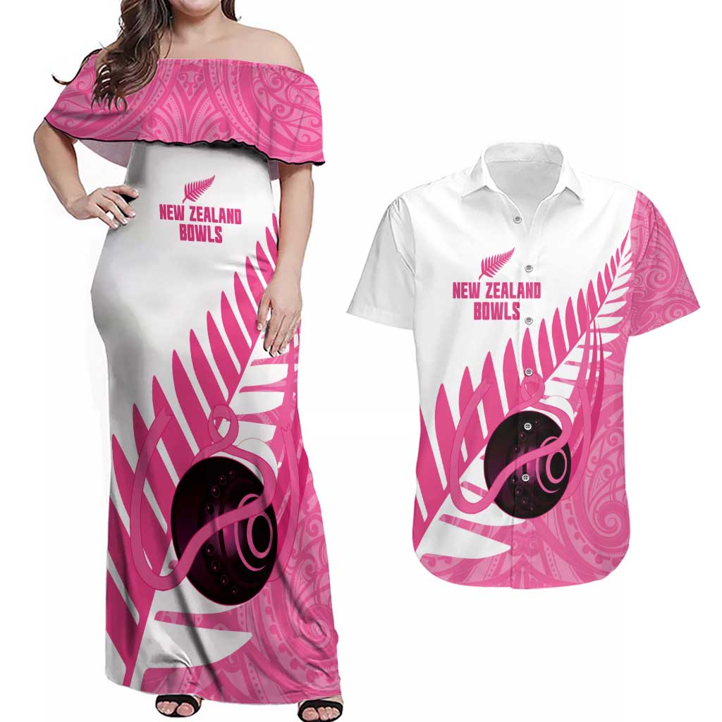 New Zealand Lawn Bowls Breast Cancer Custom Couples Matching Off Shoulder Maxi Dress and Hawaiian Shirt Aotearoa Maori Silver Fern Pink Ribbon - Aussie Hoodie