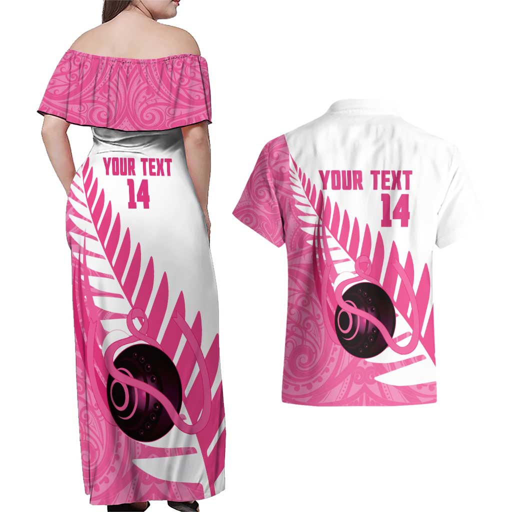 New Zealand Lawn Bowls Breast Cancer Custom Couples Matching Off Shoulder Maxi Dress and Hawaiian Shirt Aotearoa Maori Silver Fern Pink Ribbon - Aussie Hoodie